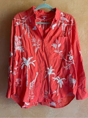 Johnny Was Workshop Embroidered Safari Blouse Cotton Button Front Top Size L
